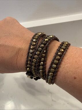 Multi-Strand Brown Leather Wrap Bracelet with Gold Beads